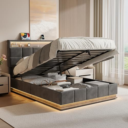 Aptliton Ottoman Bed Frame Double 4ft6 – Upholstered Bed with LED Lights & USB Charging Station, Extra-Large Gas Lift Storage, 2-Height Headboard, No Mattress – Warm White Light, Built-in Charger