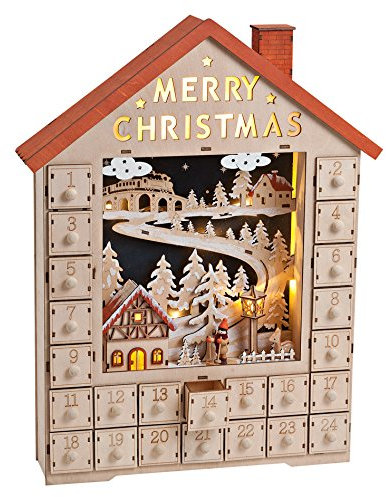 Unbekannt Adventskalender Holz mit Beleuchtung (15329w) mit Weihnachtsdorf und Winterszene
