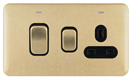 Schneider Electric Lisse Screwless Deco - Single Cooker Control Unit with Socket, Double Pole with Neon Indicator, 45 A, GGBL4001BSB, Satin Brass with Black Insert