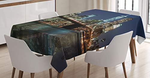 ABAKUHAUS New York Tischdecke, Brooklyn Brücke, Schmutzabweisent mit Modernster Druck Technologie Waschbar Klare Farben, 140 x 170 cm, Dunkelblau Gelb
