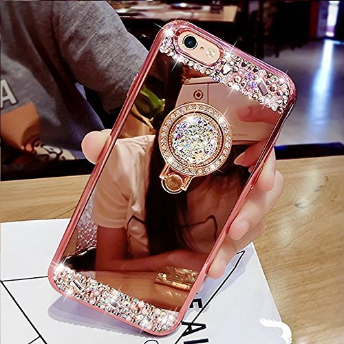 HMTECH iPhone 11 Pro Max Case, Glitter Bling Diamond Rinestone Mirror TPU Soft Rubber Cover with Ring Stand Holder, Mirror Rose Gold
