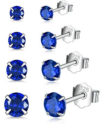 Shuxin Damen Ohrstecker Silber, 4 Paare 925 Sterling Silber Zirkonia Ohrstecker Ohrringe Set, Hypoallergen Unisex Klein Schlafen Knorpel Ohrstecker mit Saphir Blau Zirkonia, Größe in 3, 4, 5, 6mm