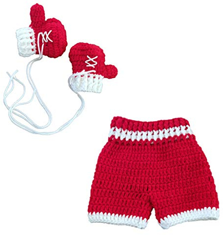 Newborn Photography Props Knitted Boxing Glove Pants Outfit Baby Crochet Photo Props Clothes Shower Gift for 0-4Months Boys Girls(Red)