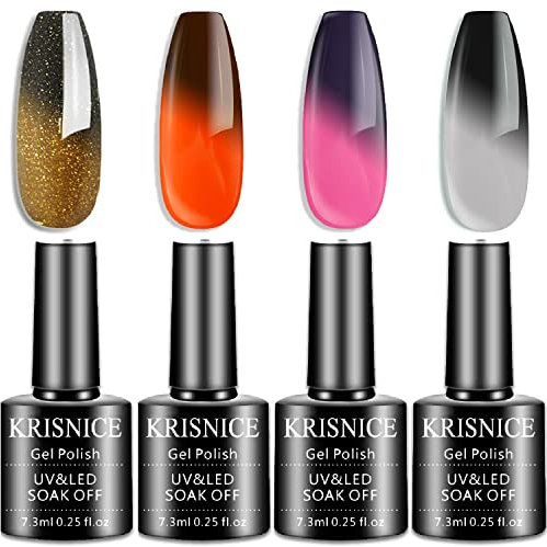 KRISNICE Color Changing Gel Nail Polish Gift Set Brown, Pink, and Black, and White Glitter Mood Chameleon Halloween Fall Colors Soak Off UV LED Thermal Temperature Art Manicure Kit Varnish (KWB006)