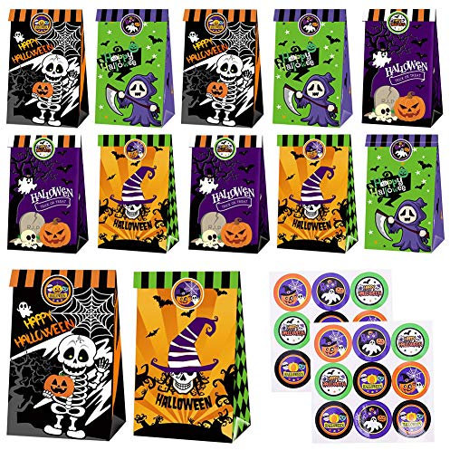 CHEPL Halloween Papiertüten 12 Stück Halloween Candy Taschen Geschenktüten mit Halloween Aufkleber für Halloween Party Dekorationen