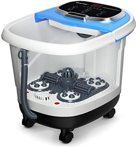 COSTWAY Bain de Pied 15L avec Ecran LED, 6 Rouleau de Massage Spa de Pied à Roulettes Chaleur Automatique 35℃-48℃, Fonction de Douche et Lumière Rouge (Bleu)