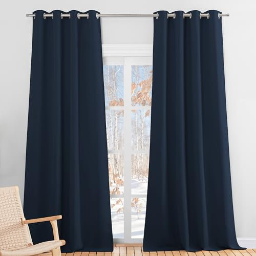 PONY DANCE Schlafzimmer Gardinen und Vorhänge Dunkelblau Blickdicht Ösenvorhang 2er Set H 245 x B 140 cm Verdunkelungsvorhang Thermogardinen Hitzeschutz mit Ösen