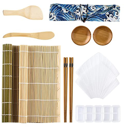 ShipeeKin 11-in-1 Sushi Maker Kit, Tapis de bambou rouleau sushi avec écarteur palette de riz+Rouleau Temaki+Moule à riz à 5 fils+2x assiettes à sauce+2x paire de baguettes avec sac de rangement