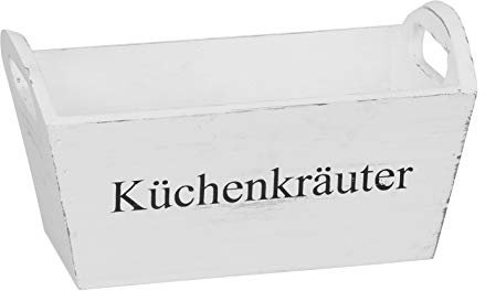Posiwio dekorativer Pflanzkasten Kräuterkasten Pflanzschale mit schwarzem Aufdruck KÜCHENKRÄUTER Holz Shabby weiß (klein ca. 28 cm lang)
