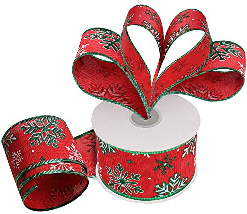 BELLE VOUS Cinta Organza Roja de Navidad 20 m x 6,3 cm de Ancho Cintas Navideñas con Alambre, Purpurina y Copos de Nieve Cintas Organza para Decorar el Árbol, Envolver Regalos, Fiestas, Manualidades