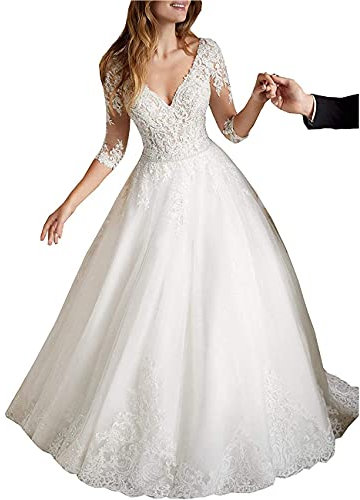 DUMOO Robe de mariée longue ligne A Princesse Robe de mariée Femme Dentelle Stand Plage Mode de mariée avec manches, Blanc., 42