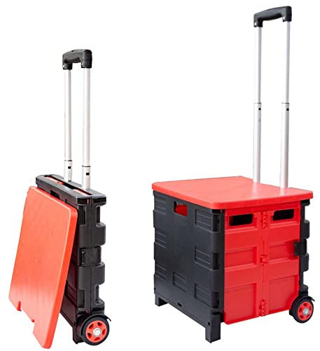 25kg Folding Shopping Trolley Storage Boot Cart Box | Collapsible Trolley with Lid | Portable Cart with Telescopic Handle | Multipurpose Utility Cart for Laundry, Sports, Crafts (Red and Black)