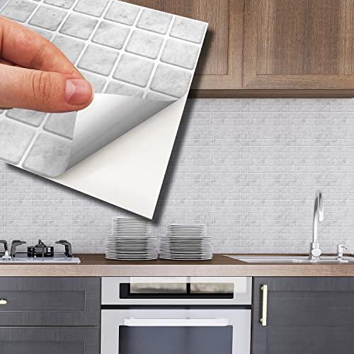 WALPLUS 48pcs 15x15cm Lux Touch Light Marble Mosaic Wall Tile Sticker Set White Grey Aluminium Film Peel and Stick Backsplash Decals Home Decors Splashback for Kitchen Bathroom Tiles Paint Stick on