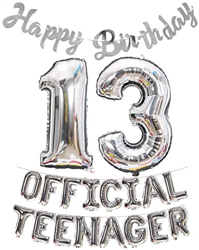 Offizielle Teenager 13. Geburtstag Dekorationen Mädchen Jungen, Happy Birthday Banner Nummer 13 Geburtstags Folien Ballons Offizielle Teenager Ballons für 13 Jahr Geburtstags Deko (Silber)