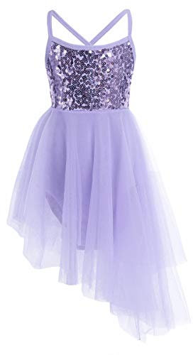 Freebily Vestito Tutu Bambina Ballerina Costume Danza Paillettes Principessa Abito Asimmetrico Corto Dancewear Vestiti Ballo Latino Bambina Abito Pattinaggio Artistico Viola 12-14 Anni