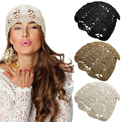 3 Stück gehäkelte Slouchy-Beanie-Mütze, handgefertigt, gestrickt, Blumenmuster, Sommer-Totenkopfkappe, dehnbar, leichte Baumwolle, Cutout-Hüte für Mädchen und Frauen, Khaki, Schwarz und Weiß, Khaki,