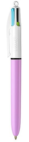 BIC - 1 Stylo 4 couleurs classiques - Corps Rose Métalisé - Pointe Moyenne : 1 mm