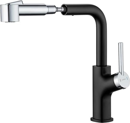 Lonheo Grifo Monomando Extensible Sin Plomo, Grifo de Cocina Giratorio a 360° con Ducha, 2 Modos de Rociador para Fregadero, Bar, Camping y Lavadero (Cromo+Negro)