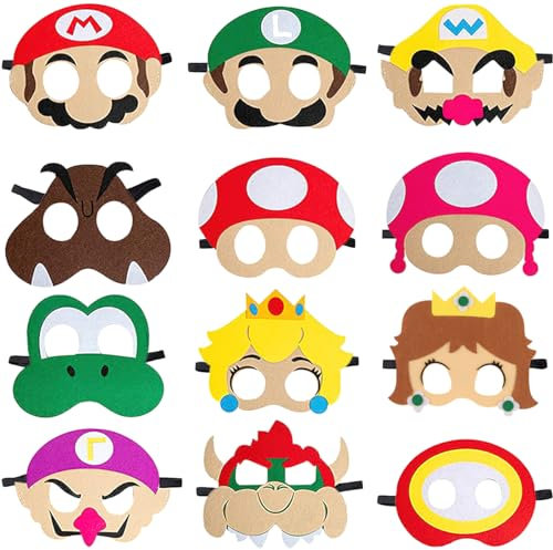 Hillylolly Mario Masken 12 Stk. für Geburtstag, Party, Kinder & Erwachsene - Filz Masken für Maskerade, Halloween, Weihnachten, Cosplay