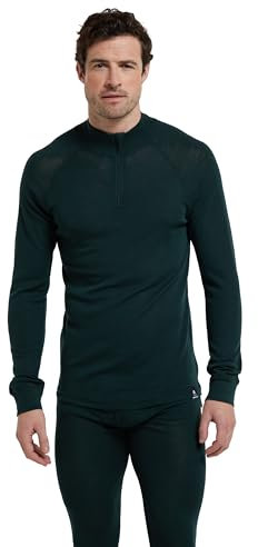 Mountain Warehouse Merino Mens Long Sleeved Thermal Baselayer Top - Lightweight, Breathable & Quick Wicking Jumper with Half Zip - for Walking & Hiking Dark Green XS