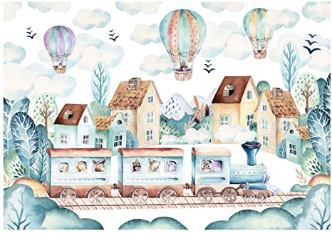 WallArena - Vlies Fototapete Kinderzimmer 416x254 cm Tiere Zug Ballon Scandi weiß - Fototapeten Tapeten für Kinder Kindertapete Kinderzimmertapete - Vliestapete Wandtapete Tapete 3D Effekt