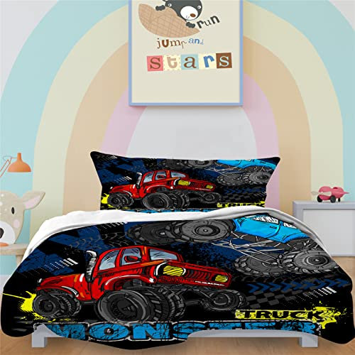 YUANZU LKW-Bettbezug-Set, Kinder, Bettwäsche-Set, 2-teilig, blau, rot, Monster-Truck, Bedruckt, weiche Mikrofaser, Bettbezug mit Reißverschluss (135 x 200 cm und 1 Kissenbezug)