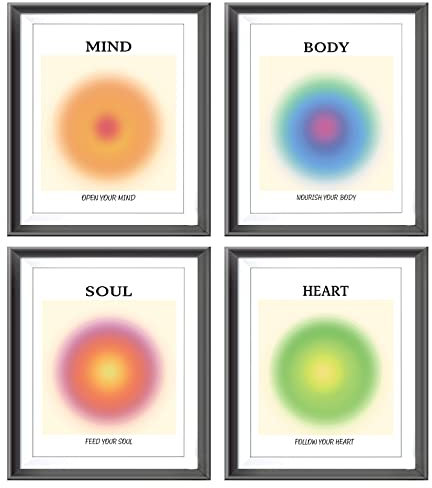 AEHIE Mind Body Soul Heart Positive Aura Poster Drucke für Zuhause Schlafzimmer Wohnzimmer Büro Dekoration, inspirierende positive Bestätigung dänische Pastell-Dekorationen, 4 Stück, 20.3x25.4 cm