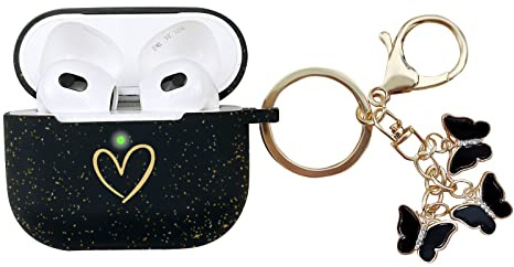 AIIEKZ Kompatibel mit AirPods 3 Hülle Cover 2021, weiche Silikonhülle mit goldenem Herzmuster für AirPods 3. Generation Hülle mit süßem Schmetterlings-Schlüsselanhänger (Glitzer Schwarz)