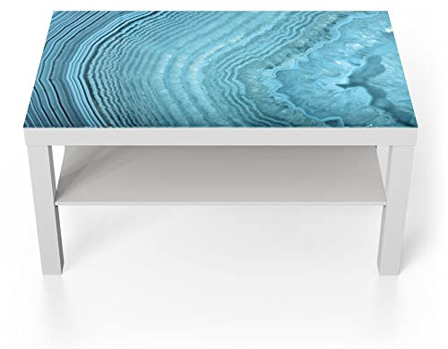 DEQORI Glastisch | weiß groß 90x50 cm | Motiv Achatstein Maserung | ausgefallener Beistelltisch aus Glas | Hochglanz Couchtisch fürs Wohnzimmer | moderner Couch Tisch mit Design
