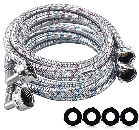 6FT Premium Stainless Steel Washer Hoses with 90 Degree Elbow No-lead Burst-Proof 3/4 NPT Connection Hot & Cold Water Inlet Supply Lines for Washer - 2 Pack by Fetechmate