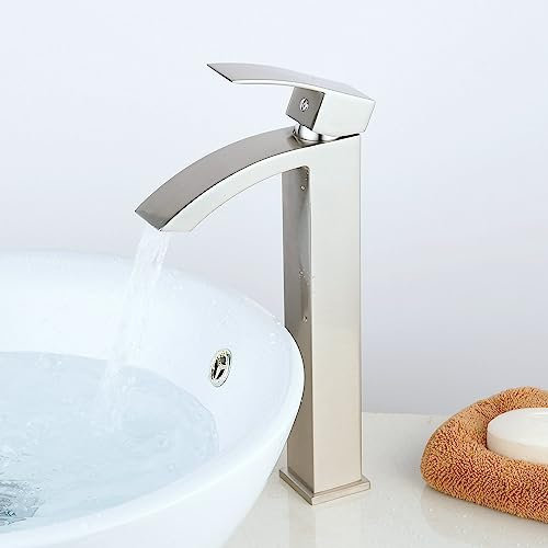Leekayer Robinet de salle de bain cascade poignée unique 1 trou montage sur pont lavabo moderne grand robinet nickel brossé, LK70531NZH