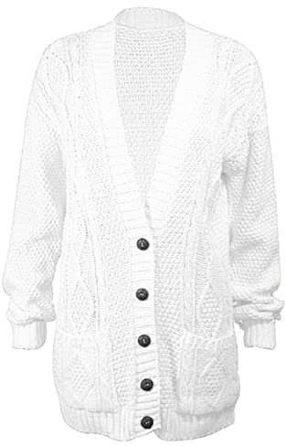 LUXFAB New Womens Everyday Long Sleeve Button Top Ladies Chunky Aran Cable Knit Grandad Cardigan UK Size 8-26 White