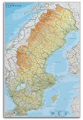 JONZA Karte Poster Europa Schweden Klassische Karte Dekorative Malerei Leinwand Wand Und Kunst Bild Familie Schlafzimmer Dekor 12x18inch(30x45cm)