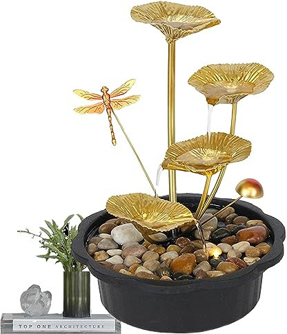 Tuzsocr Tischbrunnen aus Metall, Zimmerbrunnen mit LED-Beleuchtung, Basteln, Dekoration von Wasserfall, Ornamente, fließendes Wasser, für die Dekoration des Hauses, Büromöbel (Stil 1)