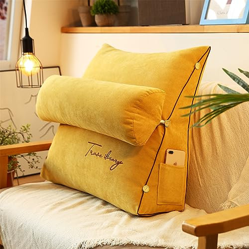 CAKERS Wedge Pillow Triangle Pillow, Flex Back Support Adjustable Back Wedge Cushion, Sofa Bed Headboard Backrest Cushion, Reading Pillow for Books, Gaming or Watching TV (Yellow,60 * 50 * 20cm)
