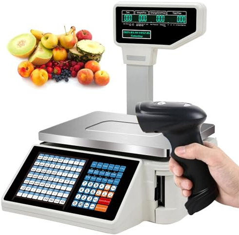 Waagen zum Drucken von Etiketten, Digitale Barcode-Waagen – Dual-Display Hinten vorne – für das Wiegen im Supermarkt/Einzelhandelsgeschäft/Lager,Machine+Scanner