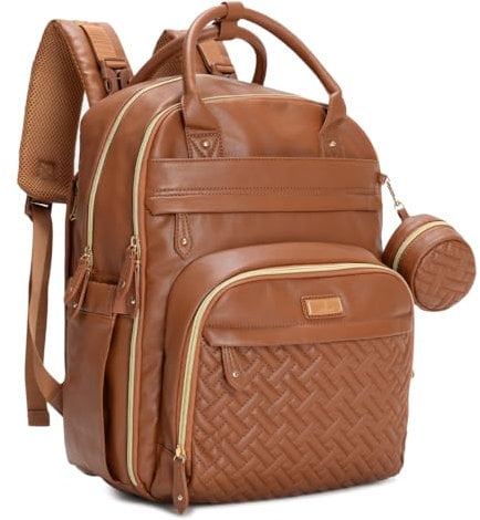 BabbleRoo Leather Diaper Bag Backpack - Baby Essentials Travel Baby Bag, Multi function, Waterproof, with Changing Pad, Stroller Straps & Pacifier Case – Unisex, Natural Brown
