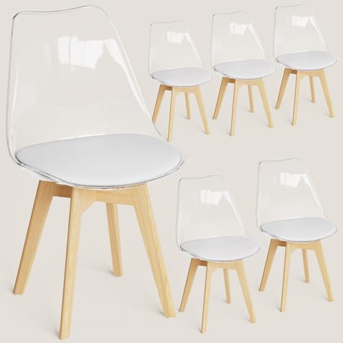 FRUOGO Juego de 6 sillas de comedor con respaldo transparente y patas de madera maciza de haya, sillas de cocina tapizadas con cojín blanco cómodo para comedor, cocina, salón, dormitorio,S5