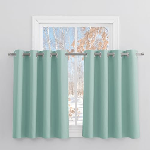 PONY DANCE Scheibengardine Blickdicht Küchengardinen Kurz Ösenschal 2er Set H 90 x B 132 cm Blickdichte Vorhänge Kurz Schlafzimmer Gardinen Verdunkelung, Sommergrün