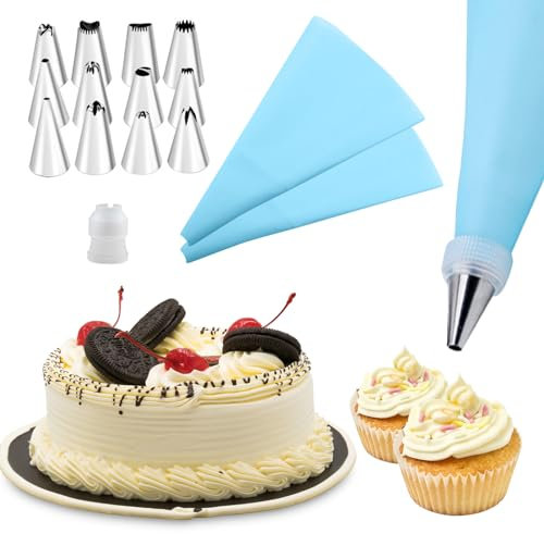 Piping Bags and Nozzles Set, 12 PCS Stainless Steel Nozzles with 2 Silicone Piping Bags 1 Converter, Reusable Icing Piping Bags and Nozzles for Decorating Cakes, Pastries, Cookies
