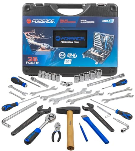 Forsage 36-teiliges Kfz-Werkzeugset – Umfassend und Langlebig für Mechaniker und Autoenthusiasten, Ratschenkasten, Steckschlüsselsatz, Verlängerungen, Zange, Hammer, Schraubenzieher und Meißel