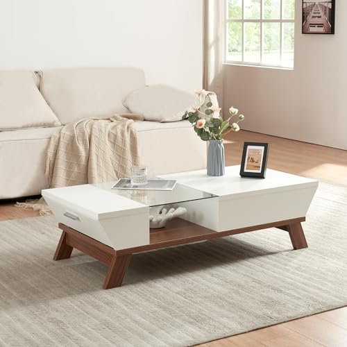 [en.casa] Couchtisch Ljusdal Wohnzimmertisch mit Stauraum Weiß/Walnuss-Optik Kaffeetisch mit aufklappbaren Staufächern rechteckig Glasplatte 120 x 55 x 33 cm