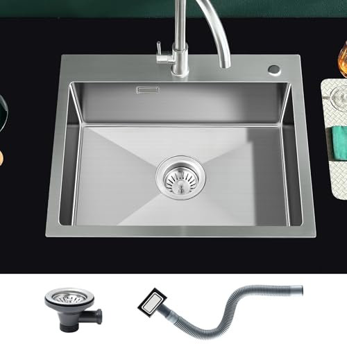 KEOKBON Fregadero de cocina cuadrado de acero inoxidable 55 x 45 cm, grande, armario a partir de 60 cm, de acero inoxidable 304, hecho a mano, 1 lavabo
