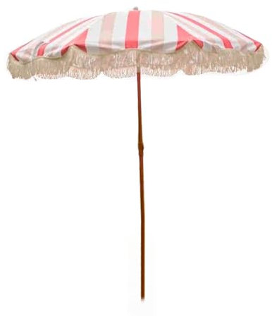 CNHRFGVD Boho Strandschirm 200cm mit Fransen, kippbarer tragbarer Gartenschirm, Sonnenschutz UPF 50+, Sonnenschirm für Pool, Terrasse, Balkon, rosa weiß gestreift