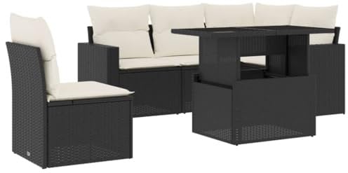vidaXL Garten Sofa Garnitur 6-TLG., Gartenmöbel Set mit Kissen Modular, Lounge Sitzgruppe für Garten Terrasse, Gartentisch Verstellbare Tischplatte, Schwarz Poly Rattan