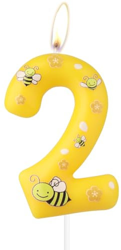 mciskin Honeybee 2nd Birthday Candles, Bee Cake Decorations,Yellow Number 2 Candle for Cake,Girls Boys 2nd Birthday Decorations,Cartoon Bee Candles Cupcake Topper for Honeybee Themed Party Supplies