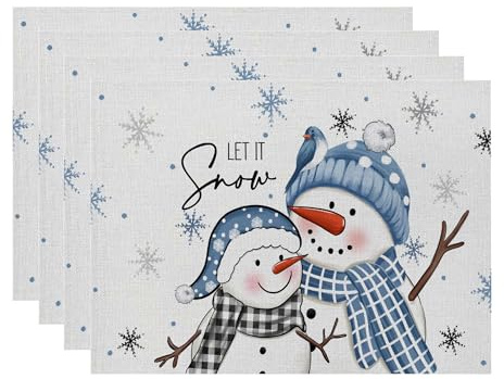 4er Set Platzset Weihnachten Tischset Weihnachten Leinen Platzdeckchen 30x45cm Winter Tischsets mit Kiefern Elch Schneeflocken Weihnachtsdeko (01)