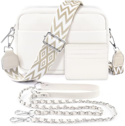 BROTOU Crossbody Bag for Women, Leather Handbag & Shoulder Bag with Adjustable Wide Strap, Chain Strap & 3-Slot Card Holder, Camera Cross Body Bag for Lady Girl Shopping Daily Use (A-White)