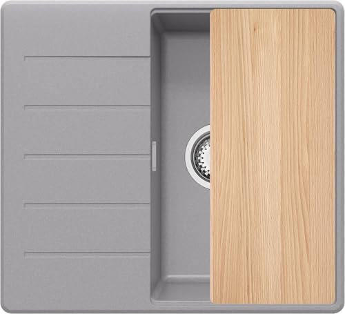 PRIMAGRAN Evier Cuisine en Granit Gris 55x50cm, Lavabo 1 bac + Kit de Vidage + Planche à Découper, Évier à Encastrer au meuble 40cm - Copenhague