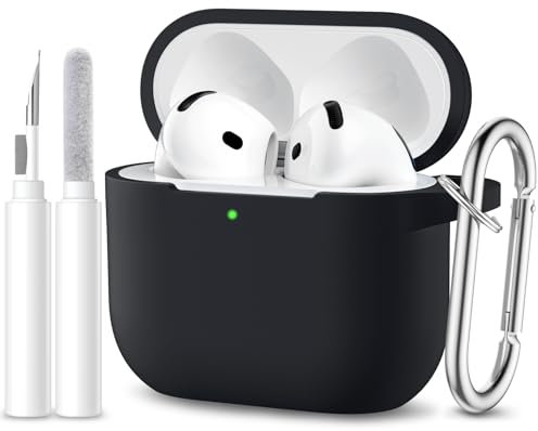 Maledan Funda Compatible con AirPods 4 2024 Case, Funda Protectora de Silicona Suave de Cuerpo Completo para Apple AirPods de 4 Generacion con Kit de Limpieza y Mosquetón [LED Visible],Negro